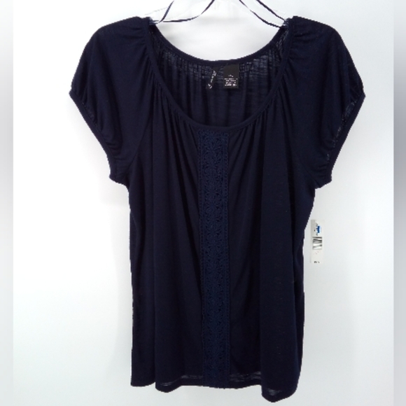 NWT ND New Directions Petite Navy Blue Crochet Panel Top Blouse PXL - Picture 1 of 8